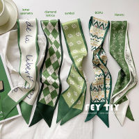 【cw】 White and Tender Green Small Silk Scarf Womens Spring and Summer Thin Narrow Ribbon Hair Band Tied-up Hair Tied Bag Decorative Long Scarf !