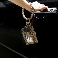 Spring and Autumn Woman Charm PU Leather Metal Car Keychain Car Work Bag Pendant Tassel Leopard Card Bag Bracelet Key Ring