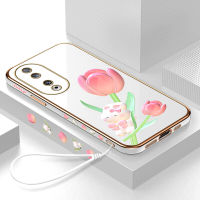 เคสสำหรับ Honor โทรศัพท์90 5G 90 Lite 5G ฟรีสายคล้องดอกทิวลิปสวยงามการ์ตูนกระต่ายน่ารักลวดลายขอบสี่เหลี่ยมเคสโทรศัพท์ชุบหรูหราเคสโทรศัพท์นิ่ม