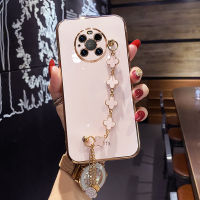 Maitus เคส Huawei Mate 40 / Mate 40 Pro พร้อมสร้อยข้อมือโคลเวอร์สี่ใบกรอบสี่เหลี่ยมเคลือบ6D เงากรอบด้านหลังป้องกันซิลิโคนเคสมือถือ