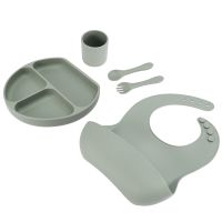 5 Piece Baby Feeding Set - Silicone Baby Bib, Suction Divided Plate, Dinnerware Cup, Soft Baby Spoon &amp; Fork