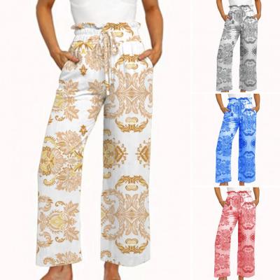 Ruffle Sheer Mid-Rise Retro Pattern Lady Slacks Slant Pockets Drawstring Elastic Waist Casual Wide Leg Trousers Female Clothing