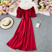 Women Korean Retro Dress Square Neck Bubble Short Sleeve Dresses High Waist