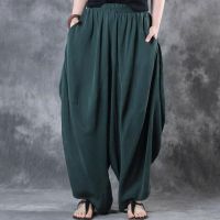 ZANZEA Summer Elastic Waist Loose Wide Leg Pants Woman Cotton Linen Vintage Solid Baggy Harem Pants Trousers Pantalon Femme