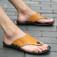 Leather Flip-Flops European Station Slippers Summer British Style Korean Mens Beach Leather Sandals Hong Kong Style Non-Slip Flip-Flops