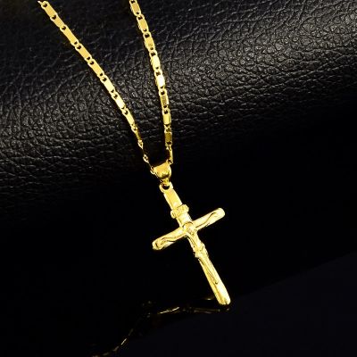 【CW】High Quality Pure Gold Color Cross Charm Pendant Necklaces For Women Men 24K Yellow Gold Filled Necklaces Wedding Jewelry Gifts