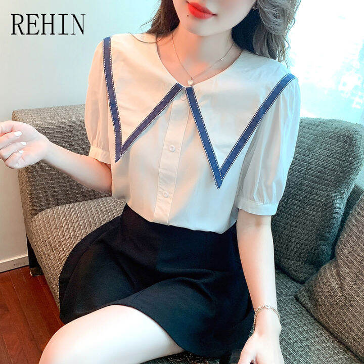 rehin-เสื้อสไตล์เกาหลีแบบใหม่แขนพองหวานสำหรับผู้หญิง-เสื้อแขนสั้นดีไซน์แบบหลวมคอตุ๊กตาแฟชั่นฤดูร้อน