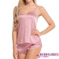 ❀DEM☞Womens y Sleepwear Set Satin Sling Sleepwear