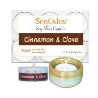 SenOdos เทียนไขถั่วเหลือง อโรม่า เทียนทีไลท์ Tealight Set Cinnamon&amp;Clove Soy Candles 15g. (6 PCS) + เชิงเทียน ที่วางเทียนทีไลท์ ศิลาดล (เซลาดล) สีเขียวหยกขอบทอง