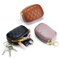 Luxury Brand Double Zipper Coin Purse for Women Small Wallet Genuine Leather Keychain Mini Change Pocket Organizer Short Purse Female Card Holder Clutch Money Bag with Key Chain