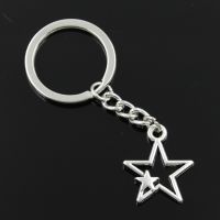 New Fashion Men 30mm Keychain DIY Metal Holder Chain Vintage Hollow Double Star 27x21mm Silver Color Pendant Gift