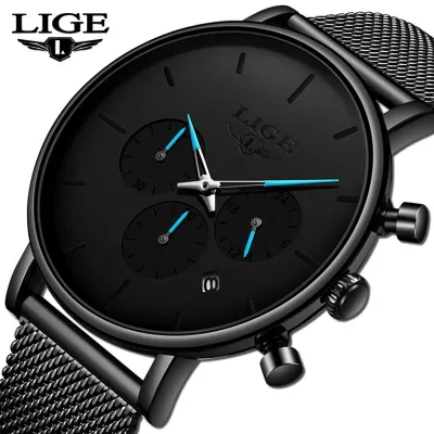 นาฬิกาตาข่ายธรรมดา LIGE ผู้ชายแฟชั่นสแตนเลสแบบสบายๆโครโนกราฟอนาล็อกนาฬิกาควอตซ์