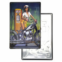 ป้ายสังกะสีวินเทจ Vintage American Motorcycle Girls (ปั๊มนูน), ขนาด 20x30 ซม.