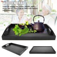 Serving Tray Large Black Wood Rectangle Food Tray Butler Breakfast Trays with Handles Easy to Grip