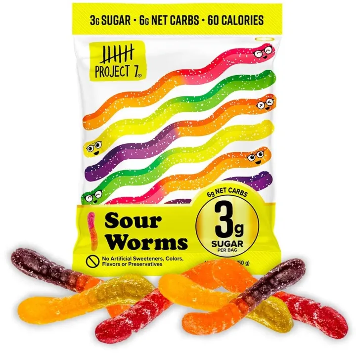 Project 7 Low Sugar Sour Gummy Worms Keto Candy & Vegan Candy with 3g