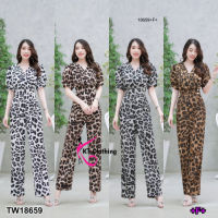 B18659 	Jumpsuit t จั้มสูท ขายาว จีบอกลายเสือ Jumpsuit t Jumpsuit, long legs, frills, tiger pattern