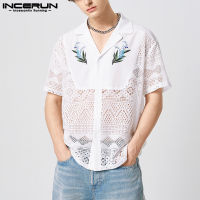 INCERUN Mens Lace Floral Shirt Short Sleeve See Through Blouse Button Up Casual Tee Top (Western Style)