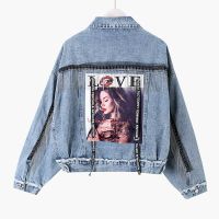 2021 New Fashion Print Denim Jacket Women Short Coat Beading Tassel Long Sleeve Jean Outwear Female Loose Streetwear Cowboy Coat