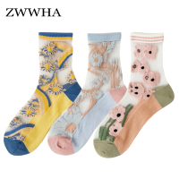 3 Pairs Socks For Women 2022 New Summer Thin Breathable Flower Middle Tube Korean Style Absorb Sweat Cute Funny Long Women Socks