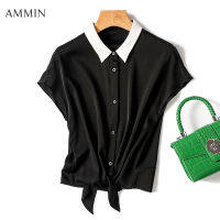 AMMIN เสื้อชีฟองคอปกแขนสั้น,เสื้อเบลาส์ผูกโบว์กระดุมแถวเดียวสำหรับผู้หญิงเสื้อเบลาส์หรูหราแฟชั่นใหม่ฤดูร้อน2023