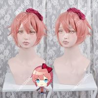 High Quality DDLC Doki Doki Literature Club Sayori Cosplay Wig Short Pink Heat Resistant Synthetic Hair Anime Wigs + Red Bowknot