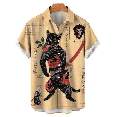 เสื้อฮาวายพิมพ์3d ลายแมวซามูไรชาวญี่ปุ่นเสื้อเสื้อแบบหลวมเสื้อเชิ้ตแขนสั้นรูปสัตว์ตลกสำหรับผู้ชาย