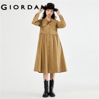 GIORDANO Women Dresses Bow Tie Collar Button Closure Shirt Dresses Long Sleeve Sweet Gentle Fashoin Casual Dresses 18463916