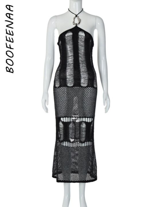 boofeenaa-ชุดเดรสยาวแบบถักโครเชต์เชือกแขวนคอเสื้อผ้าสตรีสีดำชุดวันหยุดปกคลุมชายหาด-c87-dd20