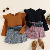 【Forever CY Baby】Toddler Girls Spring Outfit Sets Long Sleeve Ruffle Ribbed Tops + A-Line Skirt With Waist Bag