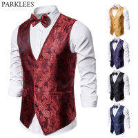 Mens CLASSIC Paisley Jacquard vests (เสื้อกั๊กสูท Bow Tie) 2ชิ้น Men SLIM FIT colete waistcoat GILET PARTY งานแต่งงาน chalecos hombre