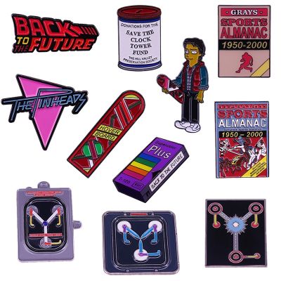 Back To The Future Enamel Brooch Pin Marty Mcfly Hover Board Brooch Almanac Flux Capacitor Clock Tower Donation Cans VHS Badge