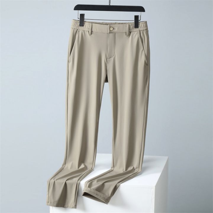 junpinmingbo-กางเกงทำงานผ้าไอซ์ซิลค์สำหรับผู้ชาย-กางเกงระบายอากาศแห้งเร็วกางเกงเอวยางยืด-celana-setelan-ไซส์ใหญ่สำหรับใส่ในออฟฟิศใส่ในฤดูร้อน