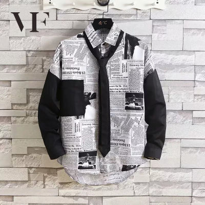 VFA316 VFASION เสื้อกันหนาว เสื้อ กันหนาว Tide brand newspaper shirt mens long-sleeved Hong Kong style autumn Korean version of the trend of handsome casual shirt jacket loose inch clothes