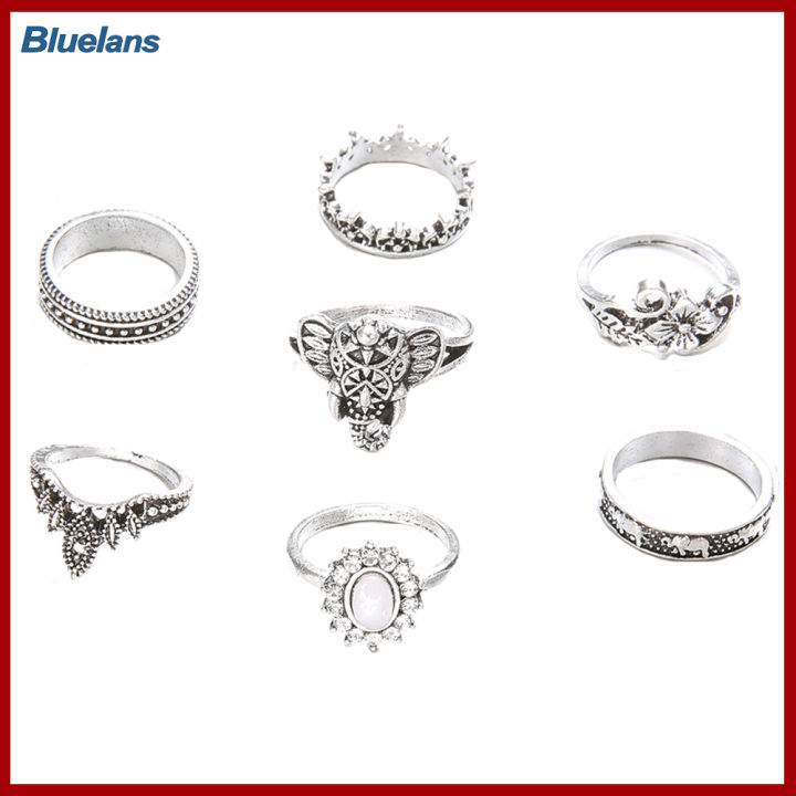 bluelans-เครื่องประดับแหวนสวมนิ้วพลอยเทียมรูปดอกไม้รูปช้างโบฮีเมียน7ชิ้น-เซ็ต
