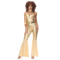 Umorden R 60S 70S Hippie Disco Fox เครื่องแต่งกายสำหรับผู้ใหญ่ผู้หญิง Shining Gold Jumpsuit Bell ด้านล่างขาผ้าพันคอ