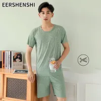 EERSHENSHI ชุดนอนผู้ชายแขนสั้นชุดกางเกงขาสั้นลำลองคอกลมบางใส่ในบ้านใหม่ฤดูร้อน