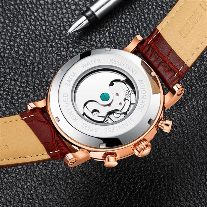 kinyued-สายหนังนาฬิกาผู้ชายแบบกลไกอัตโนมัติกันน้ำนาฬิกาบุรุษแฟชั่นกีฬา-tourbillon-แบบลำลอง