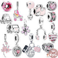 925เงินสเตอร์ลิงสีชมพูกระเป๋าเดินทางลูกปัดหูฟัง Cherry Blossoms Dangle Charm Fit Original สร้อยข้อมือเครื่องประดับ Gift