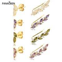 [Han ornaments] PANAOBEN 925เงินสเตอร์ลิงสีม่วงอัญมณี Climber Stud ต่างหูไม่สม่ำเสมอเจาะ Pendientes Woemn แฟชั่นอัญมณี