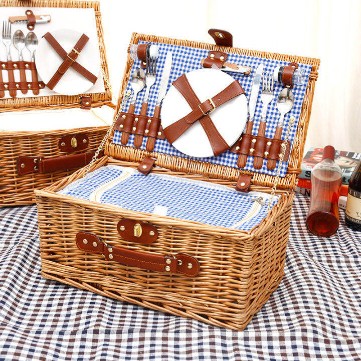 Picnic Basket Set，Handmade Wicker Picnic Basket For 4 Person With