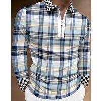 Luxury Plchecked Mens Fall 2021 Long-Sleeve Zip-Up POLO Shirt With Lapel Collar