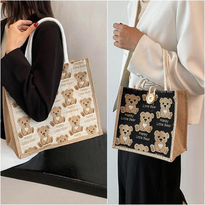Portable Shopping Bag Eco Handbag Fashionable Canvas Handbags Large-capacity Handbag Bear Pattern Tote Bear Canvas Bag Cotton Linen Tote Bag