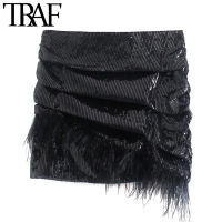 TRAF Women Chic Fashion With Tassel Pleated Sequin Party Mini Skirt Vintage High Waist Side Zipper Female Skirts Mujer