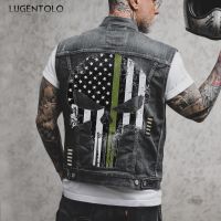 Skull Jean Jacket Men Motorcycle Denim Vest Large Size Spring Summer Streetwear Waistcoat