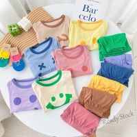 【Ready Stock】 ▦♣▩ C22 kids Girls Soft Model Short Sleeves Pyjamas Suit Boys Smile Summer Half Sleeves Clothing Set