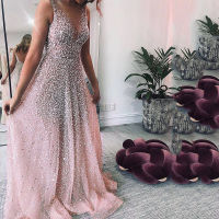 Female New Fashion Pink A Line Sequins Floor-Length Formal Dresses Women Party Dress Silver Deep V Neck Sleevess Sexy Prom S-2XL