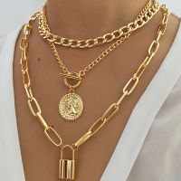 ○✵◈ lunzhuang01020 EN Fashion Multilayer Gold Color Thick Chain Lock Pendant Necklace 2022 Jewelry Coin Choker for