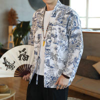 M-5XL Men Printed Open Front Kimono Cardigan Cloak Poncho Chinese Hanfu Japanese Streetwear Spring Kimono Shirts Men XXXXXL