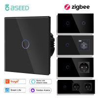 【LZ】☑✈¤  Interruptores BSEED-Zigbee Touch com soquete UE normal portas USB tipo C aplicativo Tuya Smart Life painel de vidro Ccontrol 1 Gang 2 Gang 3Gang