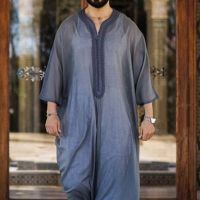 【hot】ﺴ✔◕  New Eid Ramadan Muslim Fashion V Neck Caftan Robe Sets 2023 Abaya Men Loose Color Clothing